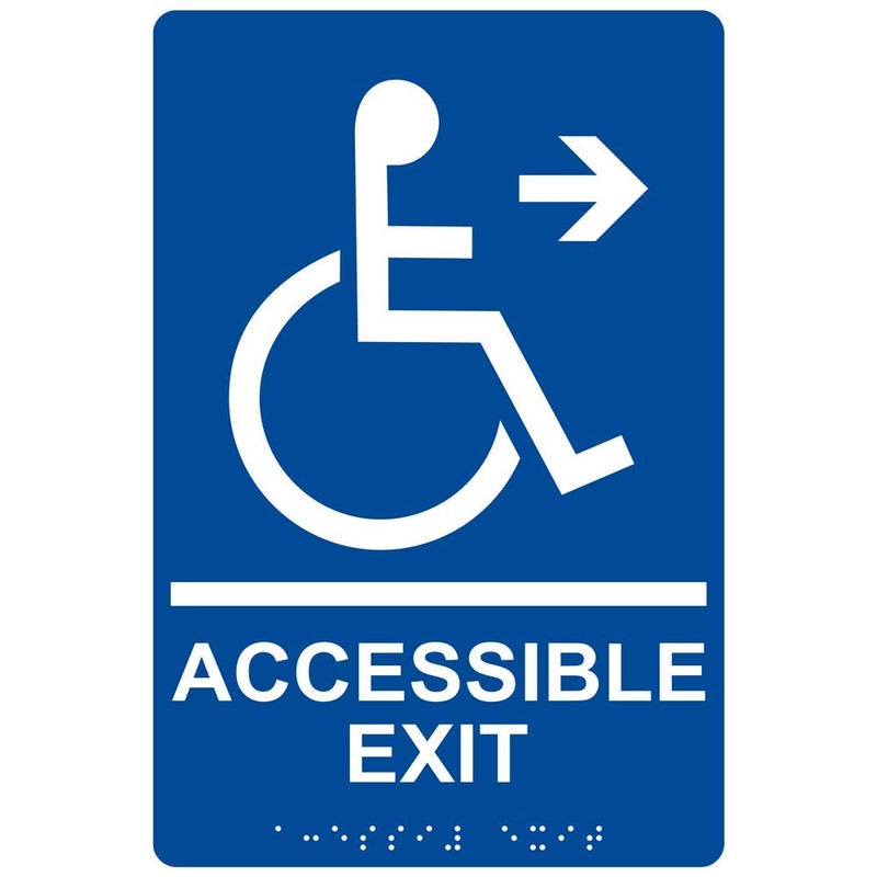 ComplianceSigns.com Accessible Exit Right Sign, ADA-Compliant Braille and Raised Letters, 9x6 in. White on Blue Acrylic with Adhesive Mounting Strips, American Made Safety Signs for the Workplace - Image 1